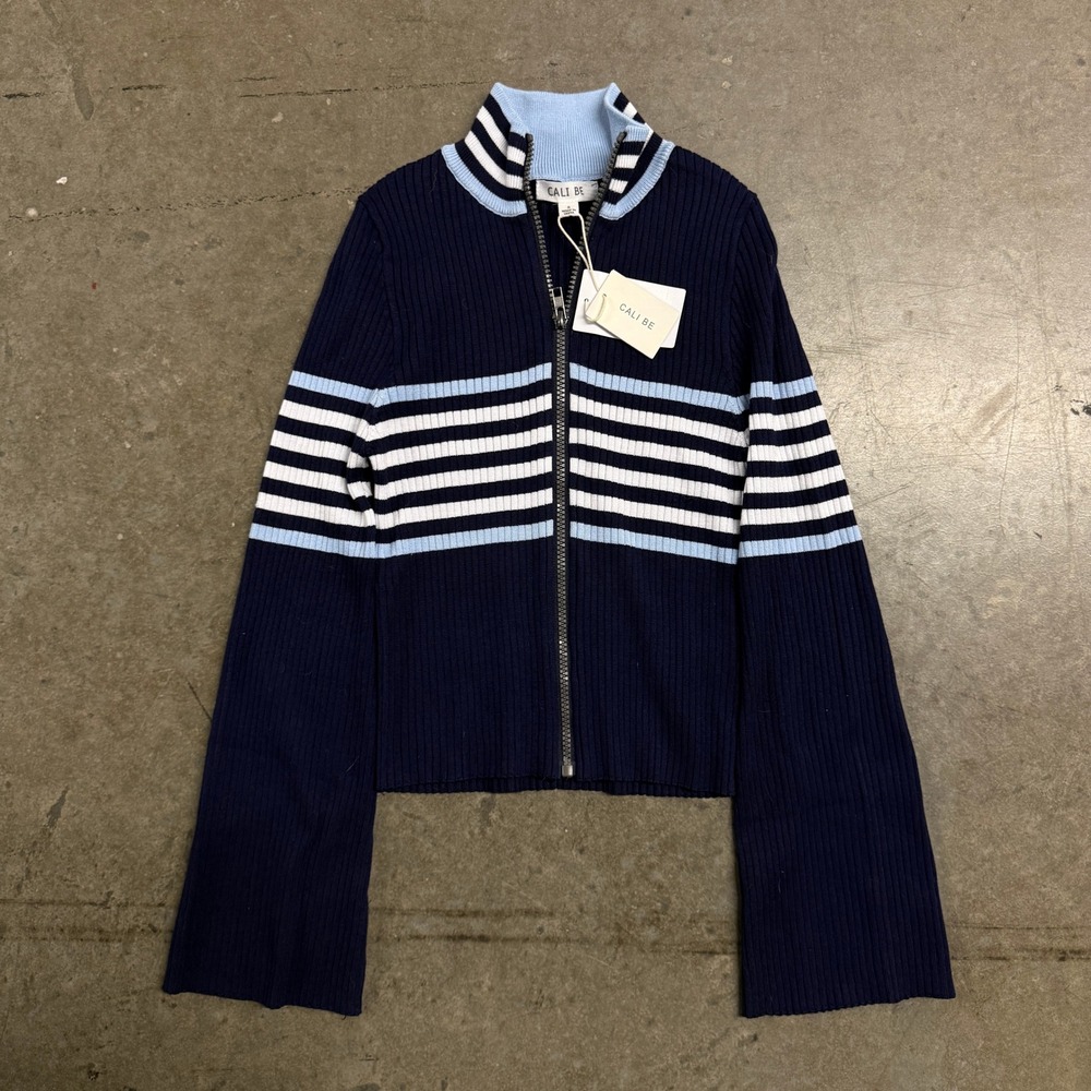 Cali Be Womens Blue Striped Full Zip Ribbed Mock Neck Cardigan Sweater Small